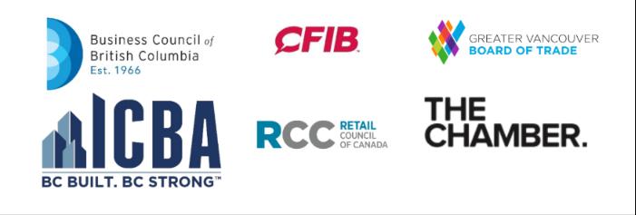 Signatory organizations: Business Council of British Columbia, CFIB, Greater Vancouver Board of Trade, ICBA, Retail Council of Canada, The Chamber